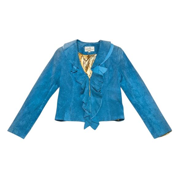 Y2K Scully Ruffle Boar Suede Jacket Tuquoise Blue Long Sleeve Medium Leather - Picture 1 of 5